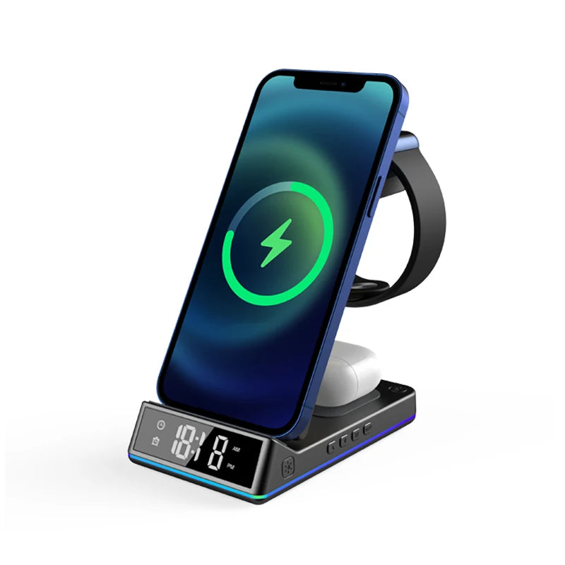 2024 Hot Sale Portable Wireless Charger Z06 LED Alarm Multicolor ABS Travel Clock Light 10W Output SCP OTP Black Phone Accessory