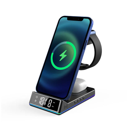 2024 Hot Sale Portable Wireless Charger Z06 LED Alarm Multicolor ABS Travel Clock Light 10W Output SCP OTP Black Phone Accessory