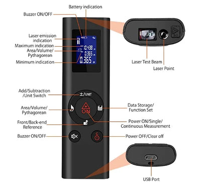 HIREED 40M Eletronic Level Digital Laser Rangefinder  USB Charging Rechargeable Handheld Distance Meter