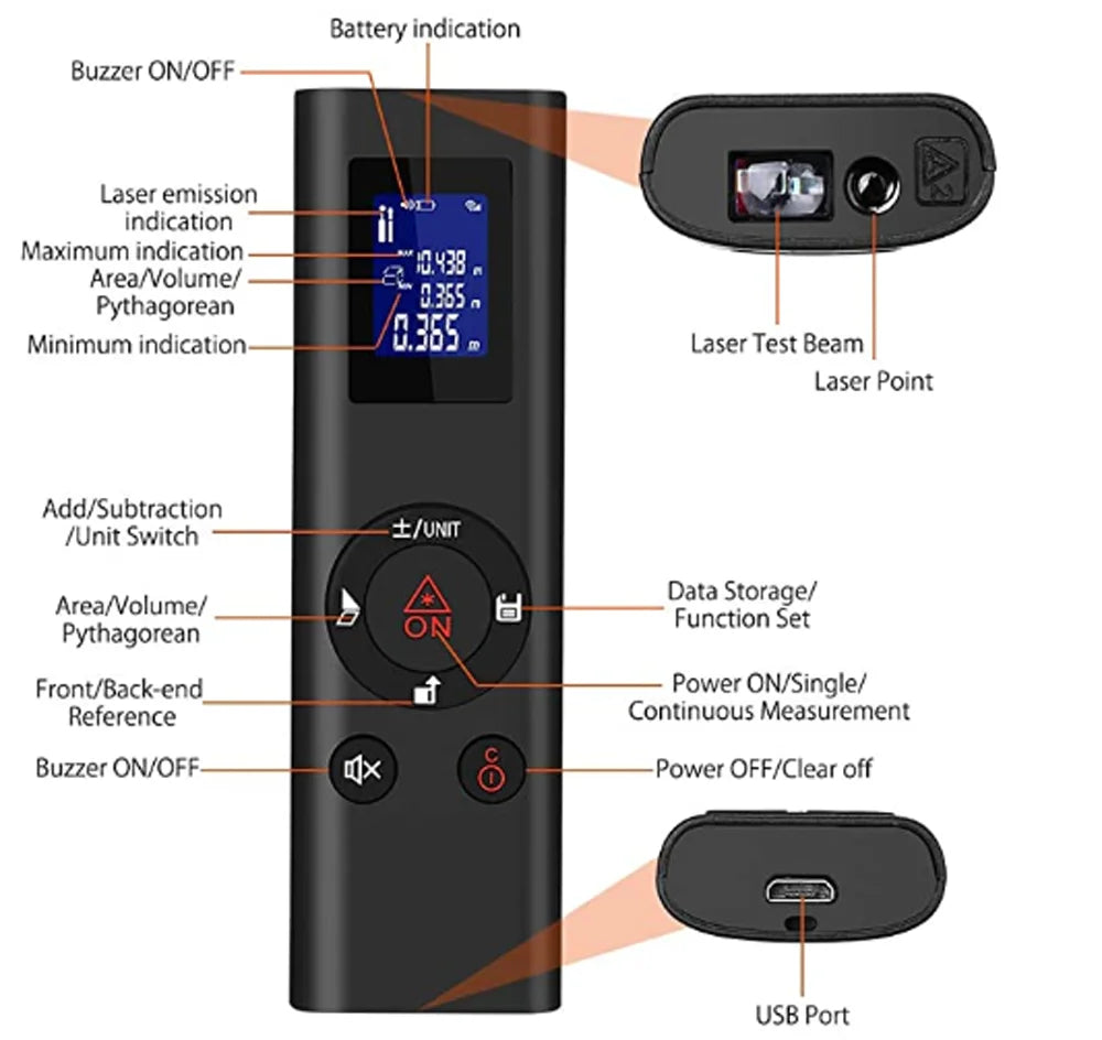 HIREED 40M Eletronic Level Digital Laser Rangefinder  USB Charging Rechargeable Handheld Distance Meter