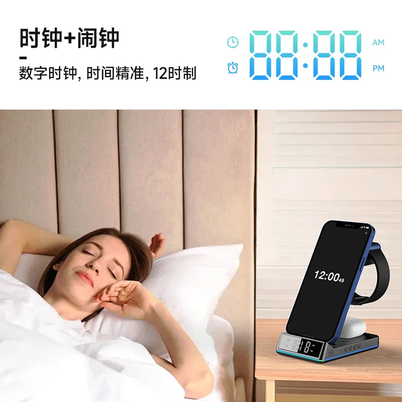2024 Hot Sale Portable Wireless Charger Z06 LED Alarm Multicolor ABS Travel Clock Light 10W Output SCP OTP Black Phone Accessory