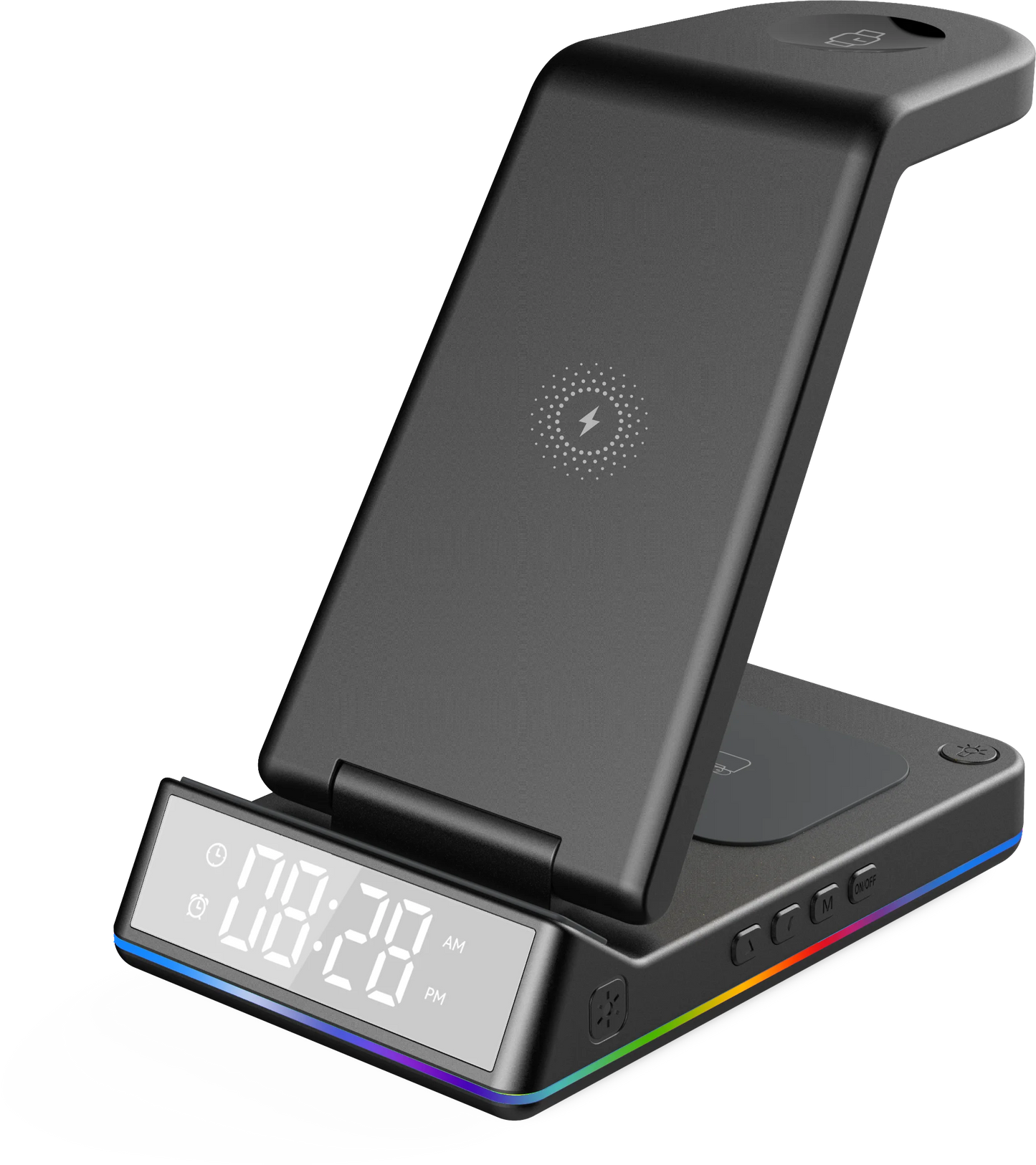 2024 Hot Sale Portable Wireless Charger Z06 LED Alarm Multicolor ABS Travel Clock Light 10W Output SCP OTP Black Phone Accessory