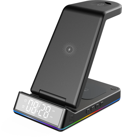 2024 Hot Sale Portable Wireless Charger Z06 LED Alarm Multicolor ABS Travel Clock Light 10W Output SCP OTP Black Phone Accessory